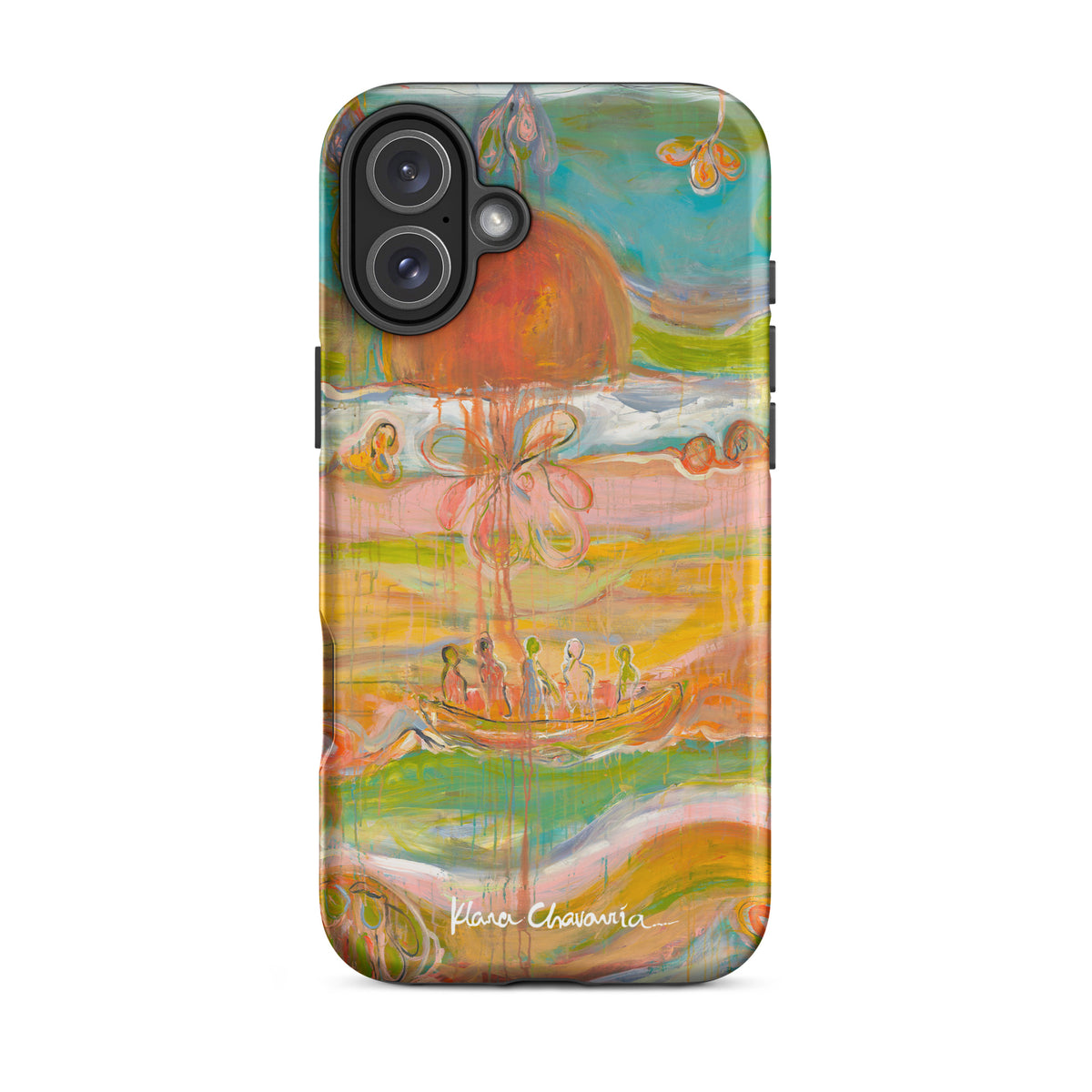 Matte iPhone 16 Plus tough case with a painting of figures in a boat under an orange sun