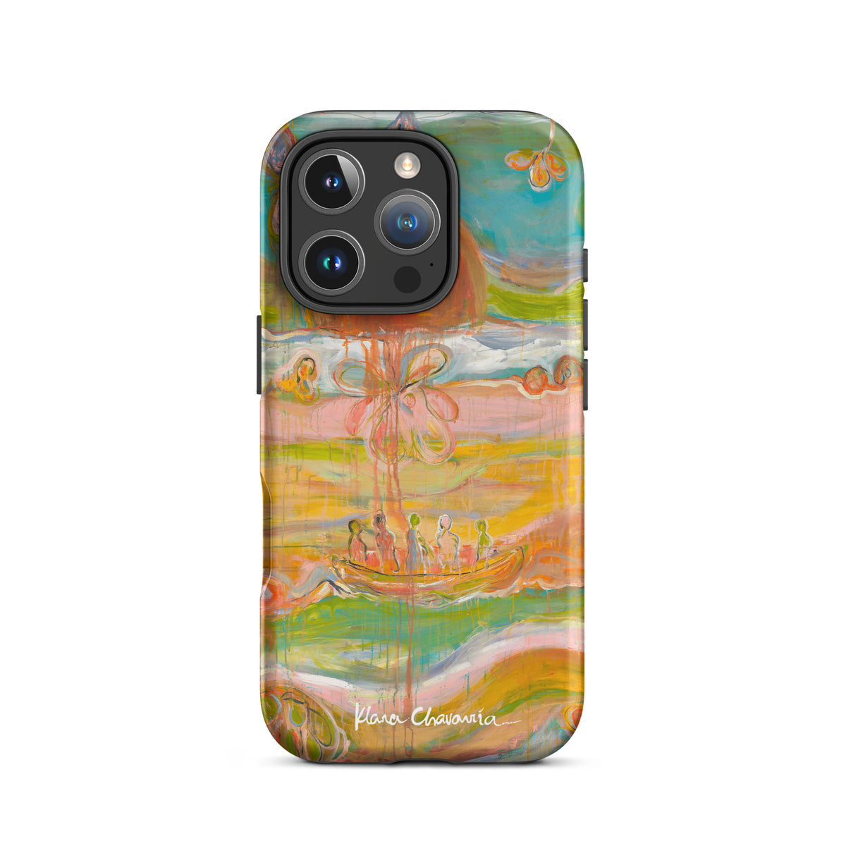 Matte iPhone 16 Pro tough case with a painting of figures in a boat under an orange sun