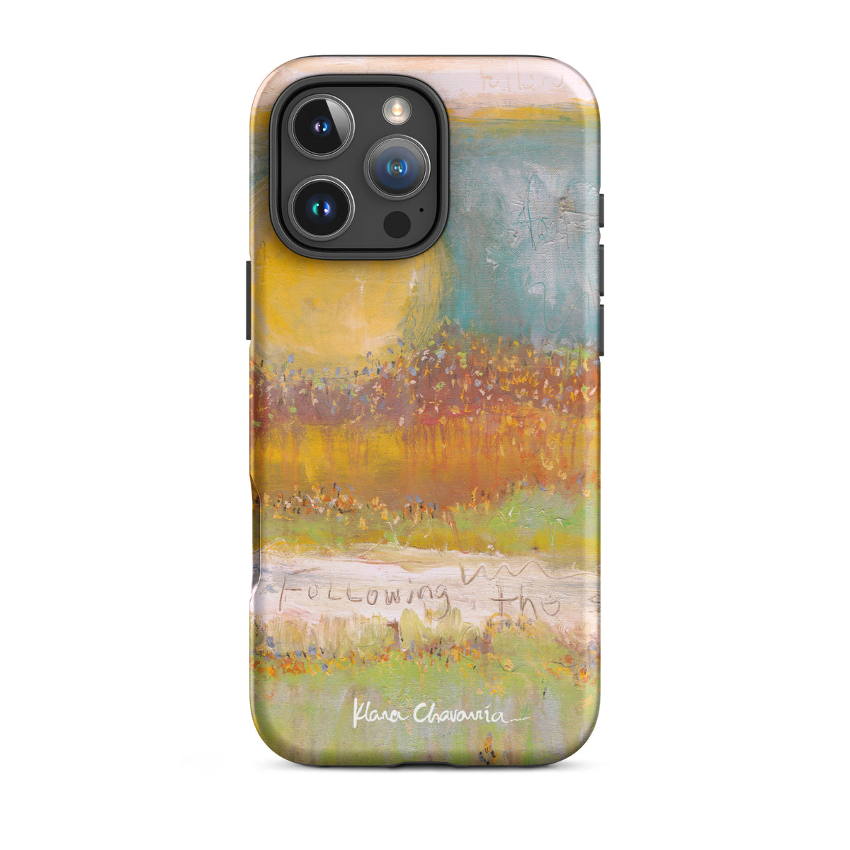 Matte iPhone 16 Pro Max tough case with a painting of a yellow sun over orange fields and Following text