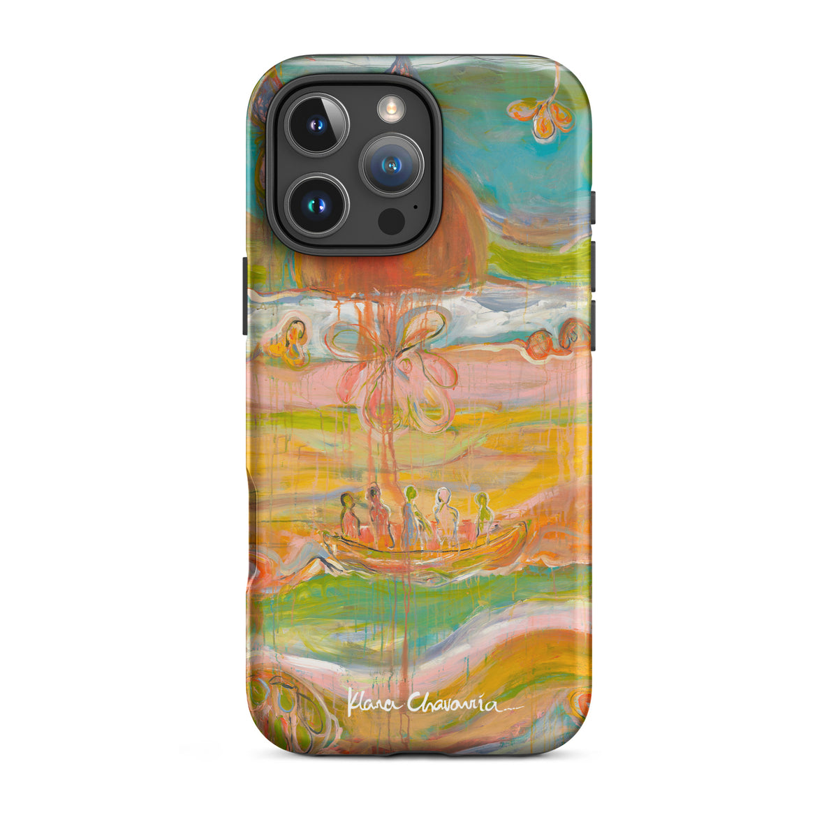 Matte iPhone 16 Pro Max tough case with a painting of figures in a boat under an orange sun
