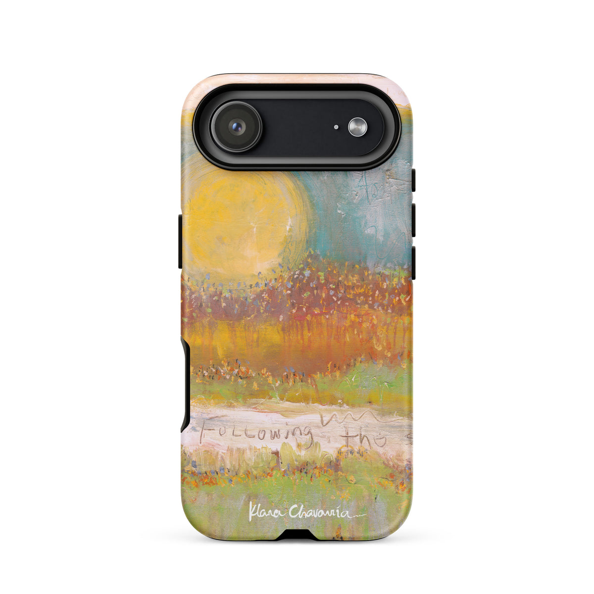 Matte iPhone 17 Air tough case with a painting of a yellow sun over orange fields and Following text