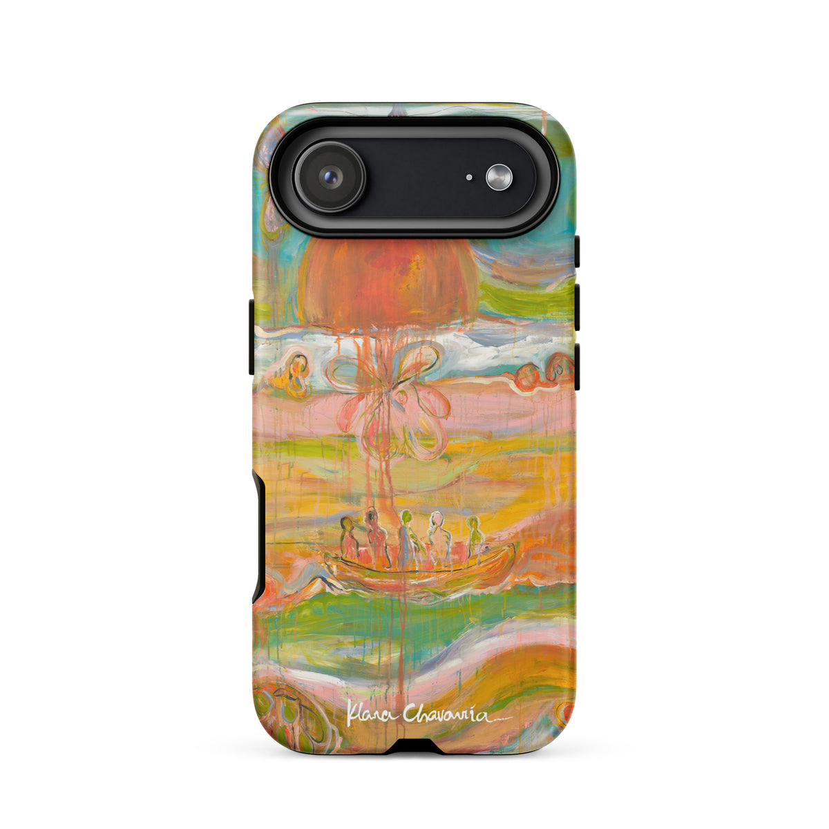 Matte iPhone 17 Air tough case with a painting of figures in a boat under an orange sun