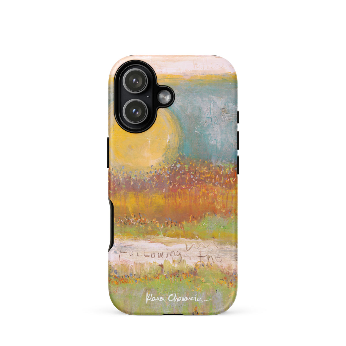 Matte iPhone 17 tough case with a painting of a yellow sun over orange fields and Following text