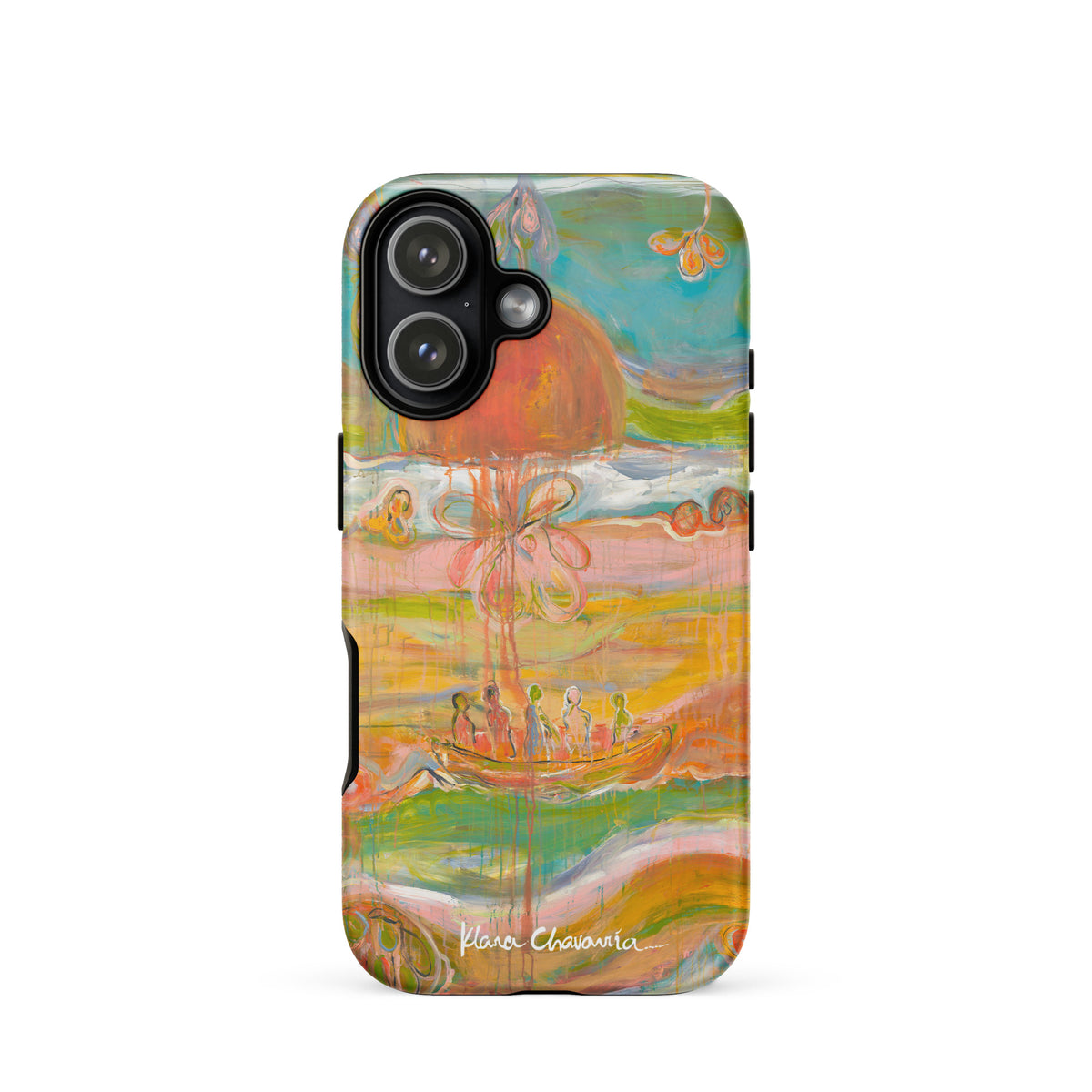 Matte iPhone 17 tough case with a painting of figures in a boat under an orange sun
