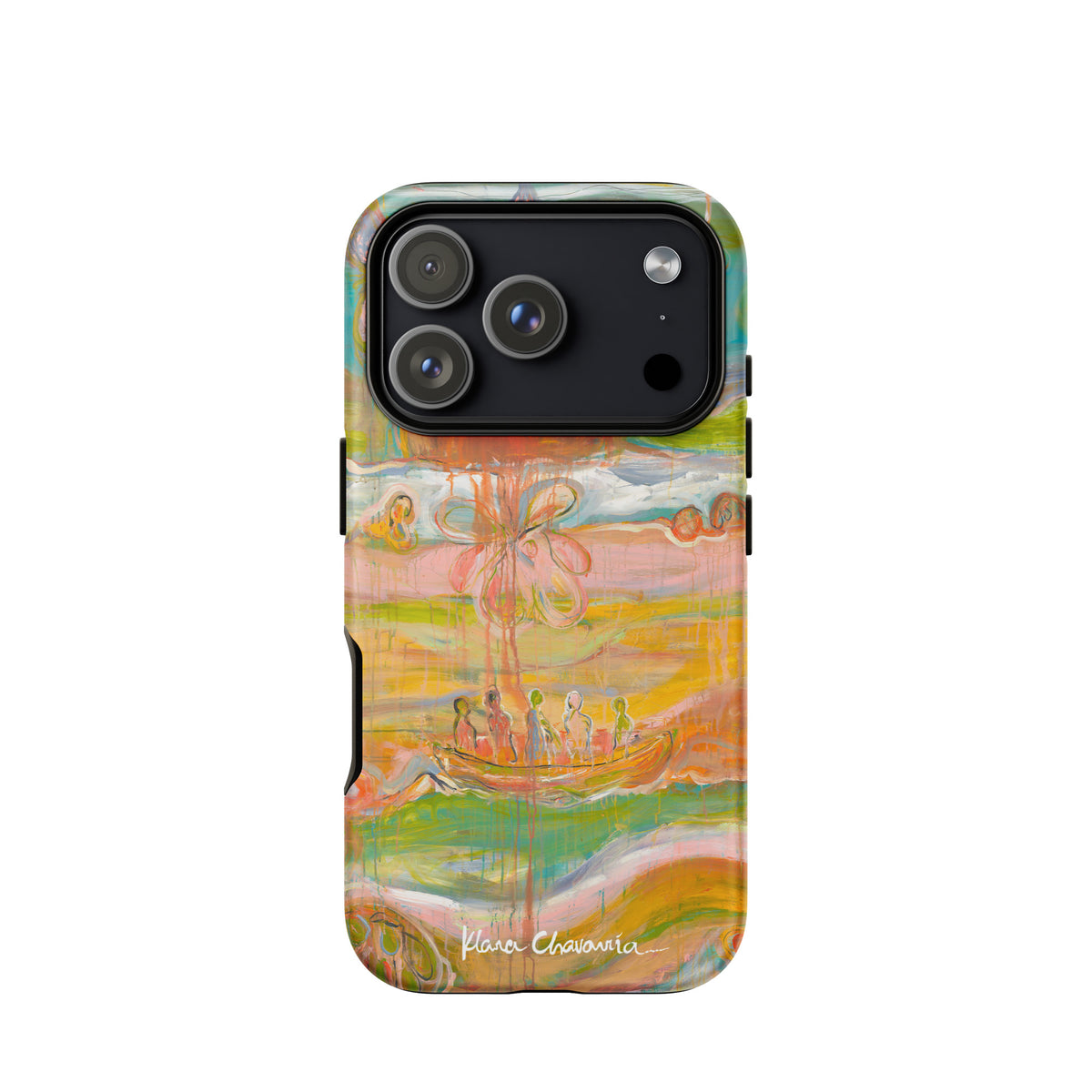 Matte iPhone 17 Pro tough case with a painting of figures in a boat under an orange sun