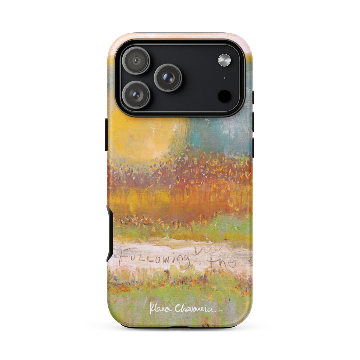 Matte iPhone 17 Pro Max tough case with a painting of a yellow sun over orange fields and Following text