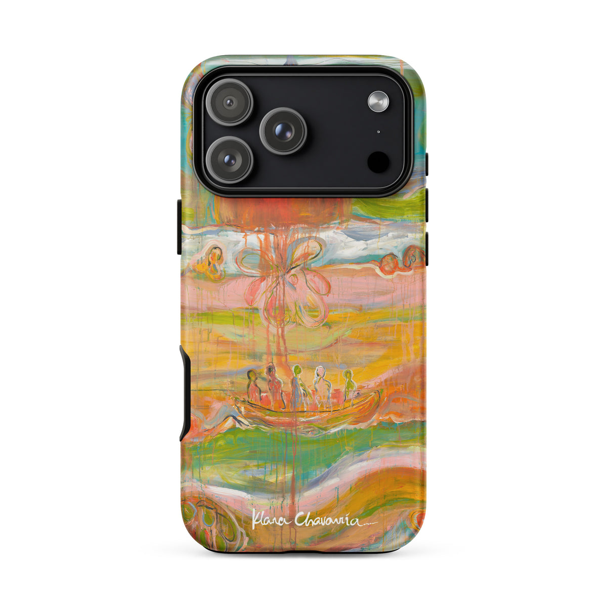 Matte iPhone 17 Pro Max tough case with a painting of figures in a boat under an orange sun