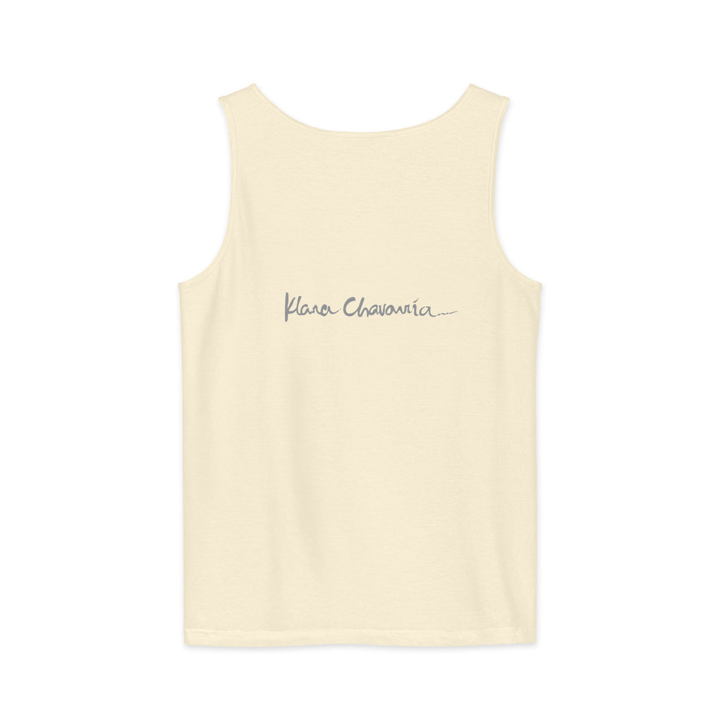 BALANCING LOVE unisex tank top, Ivory, flat back with signature