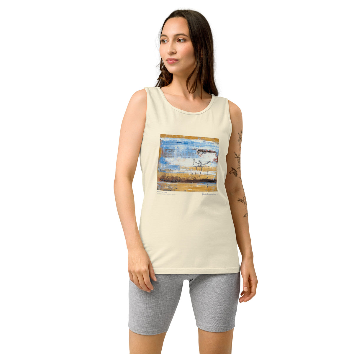 BALANCING LOVE unisex tank top in Ivory on model, by Klara Chavarría