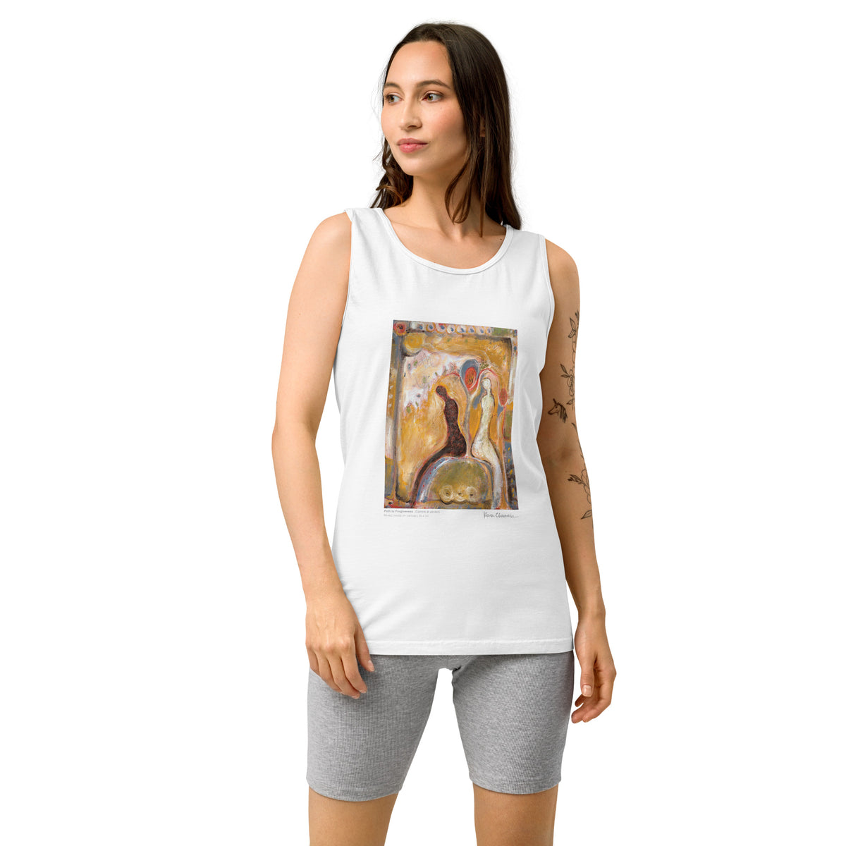 PATH TO FORGIVENESS unisex tank top in White on model, by Klara Chavarría