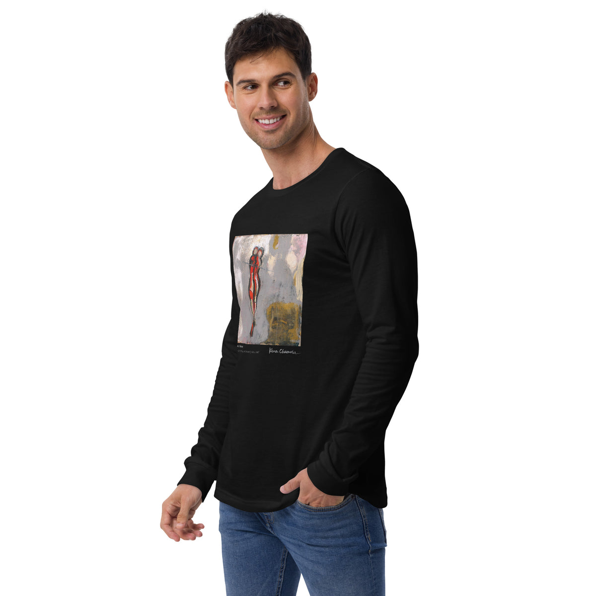 TO LOVE unisex long sleeve tee in Black – front on model, smiling man