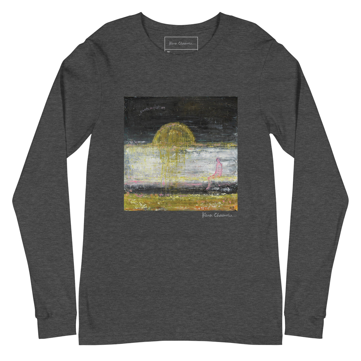 CONTEMPLATION unisex long sleeve tee in Dark Grey Heather – flat front