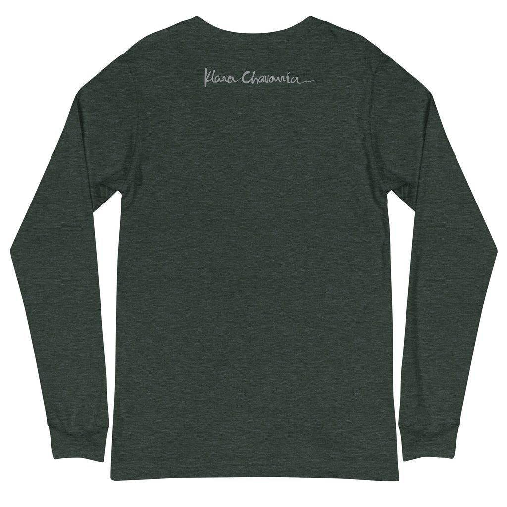 ASCENSION unisex long sleeve tee in Heather Forest – flat back
