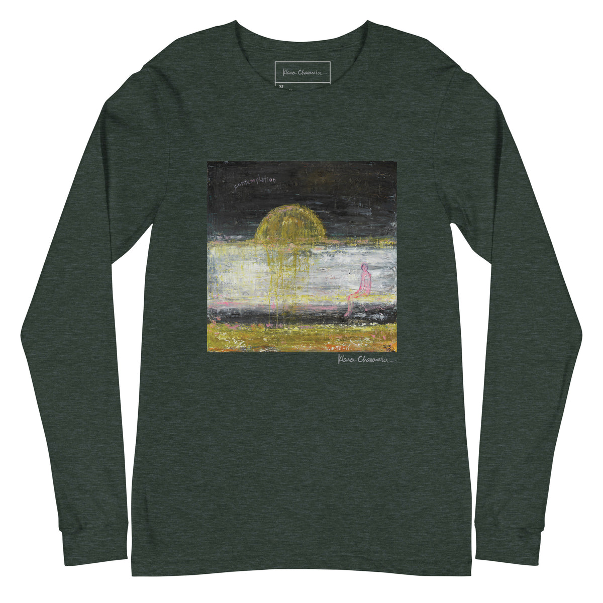 CONTEMPLATION unisex long sleeve tee in Heather Forest – flat front