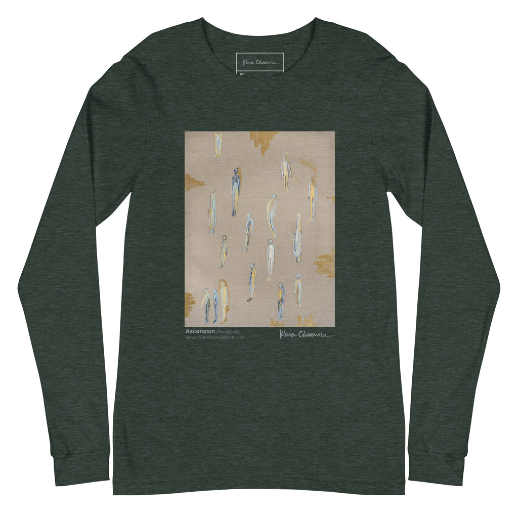 ASCENSION unisex long sleeve tee in Heather Forest – flat front