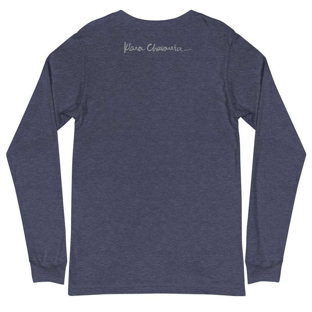 ILLUMINATION unisex long sleeve tee in Heather Navy – flat back