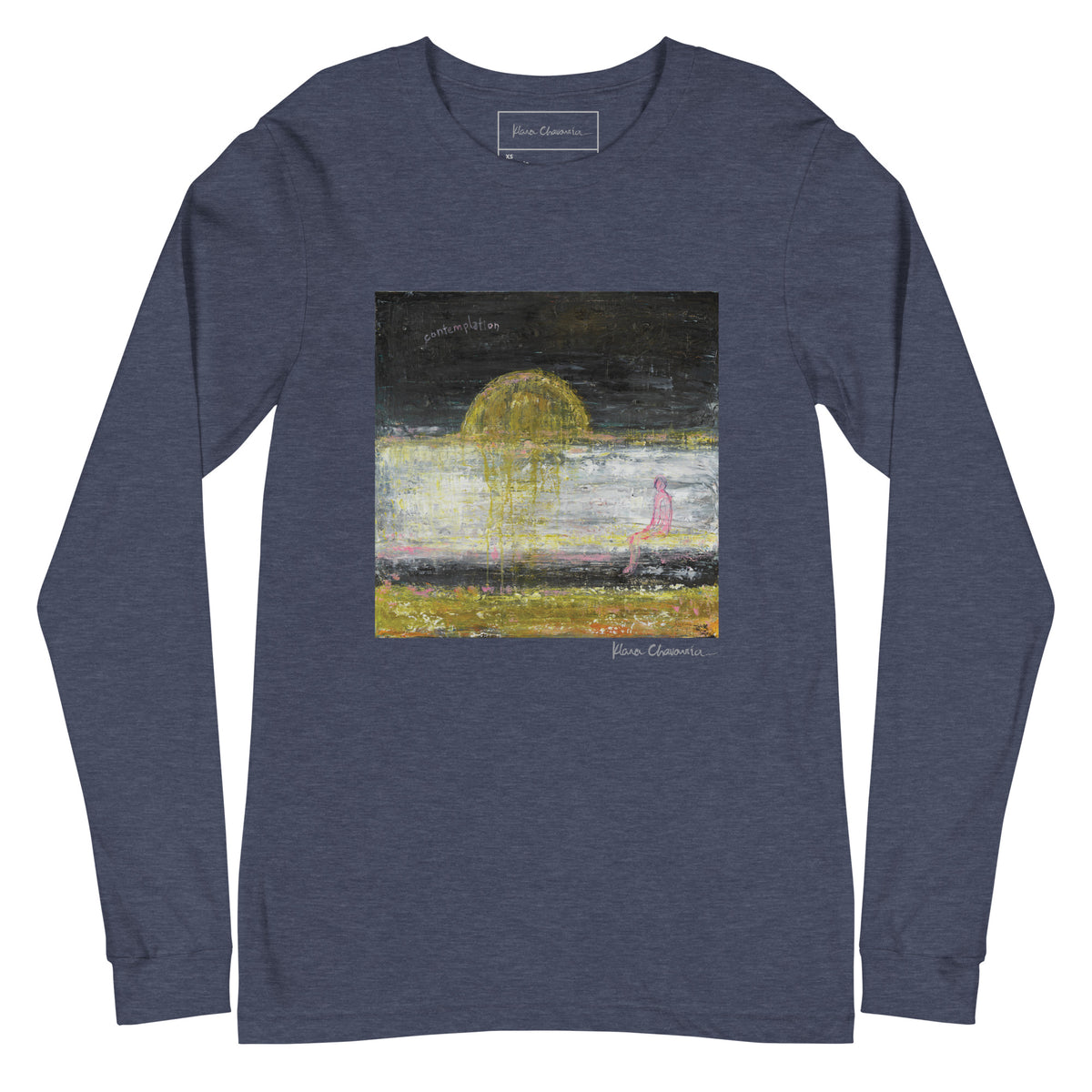 CONTEMPLATION unisex long sleeve tee in Heather Navy – flat front