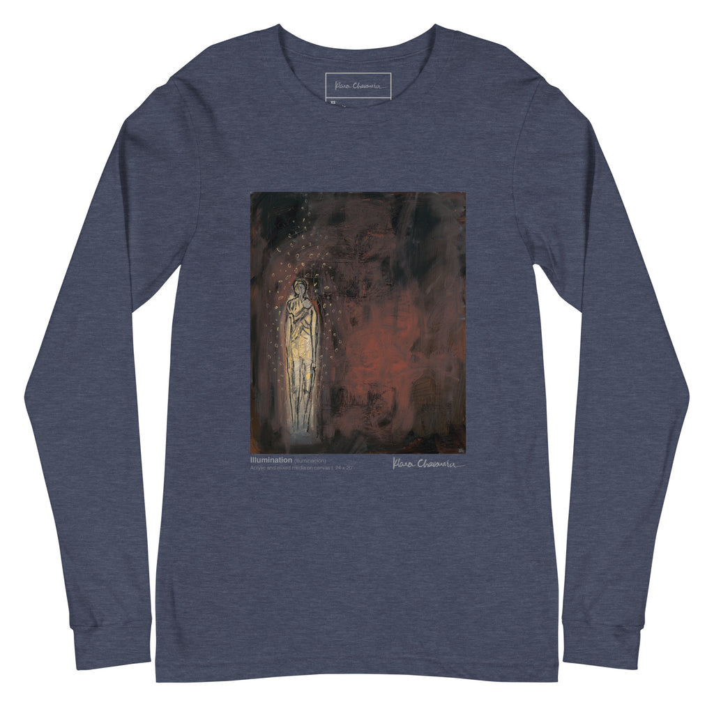 ILLUMINATION unisex long sleeve tee in Heather Navy – flat front