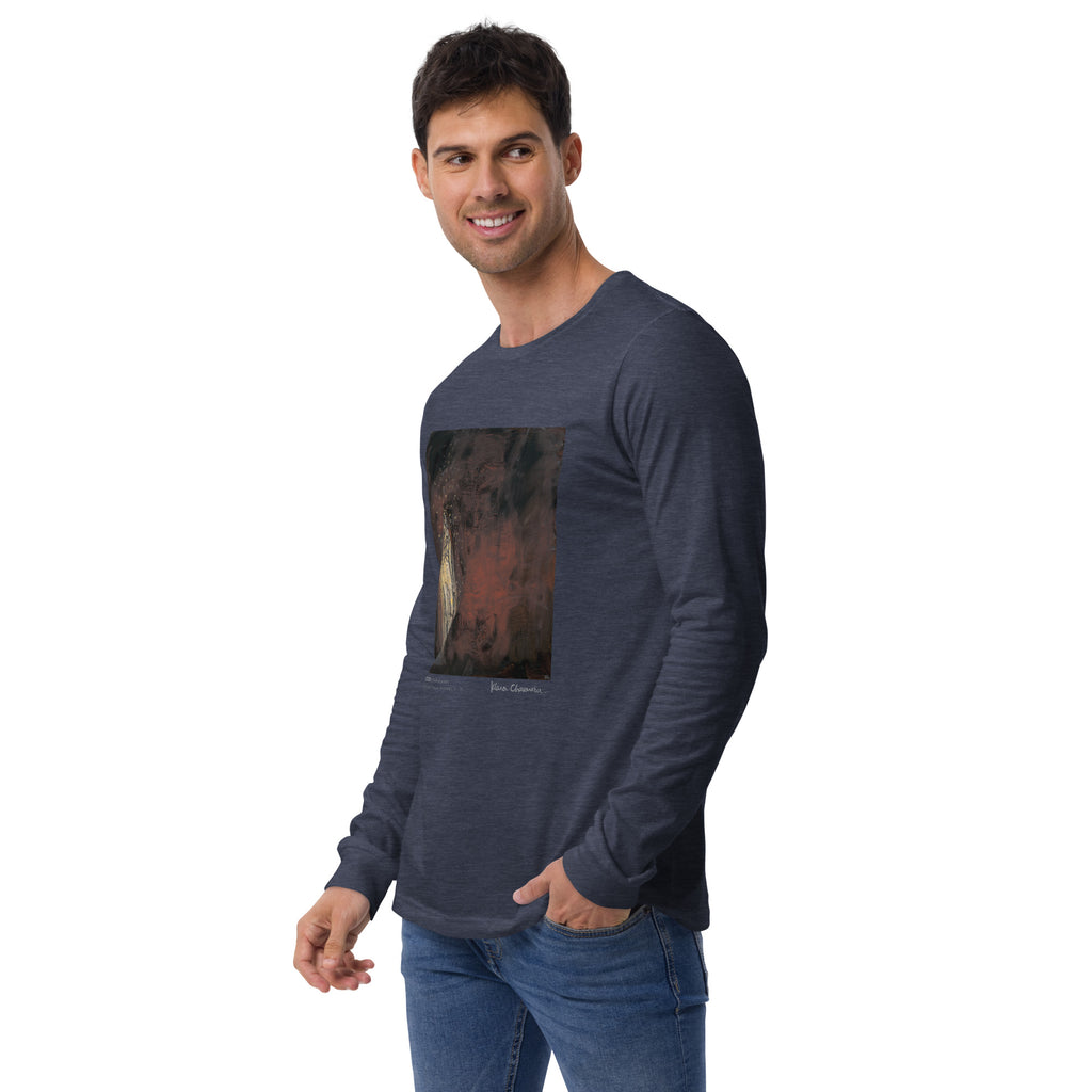 ILLUMINATION unisex long sleeve tee in Heather Navy – three-quarter front on model