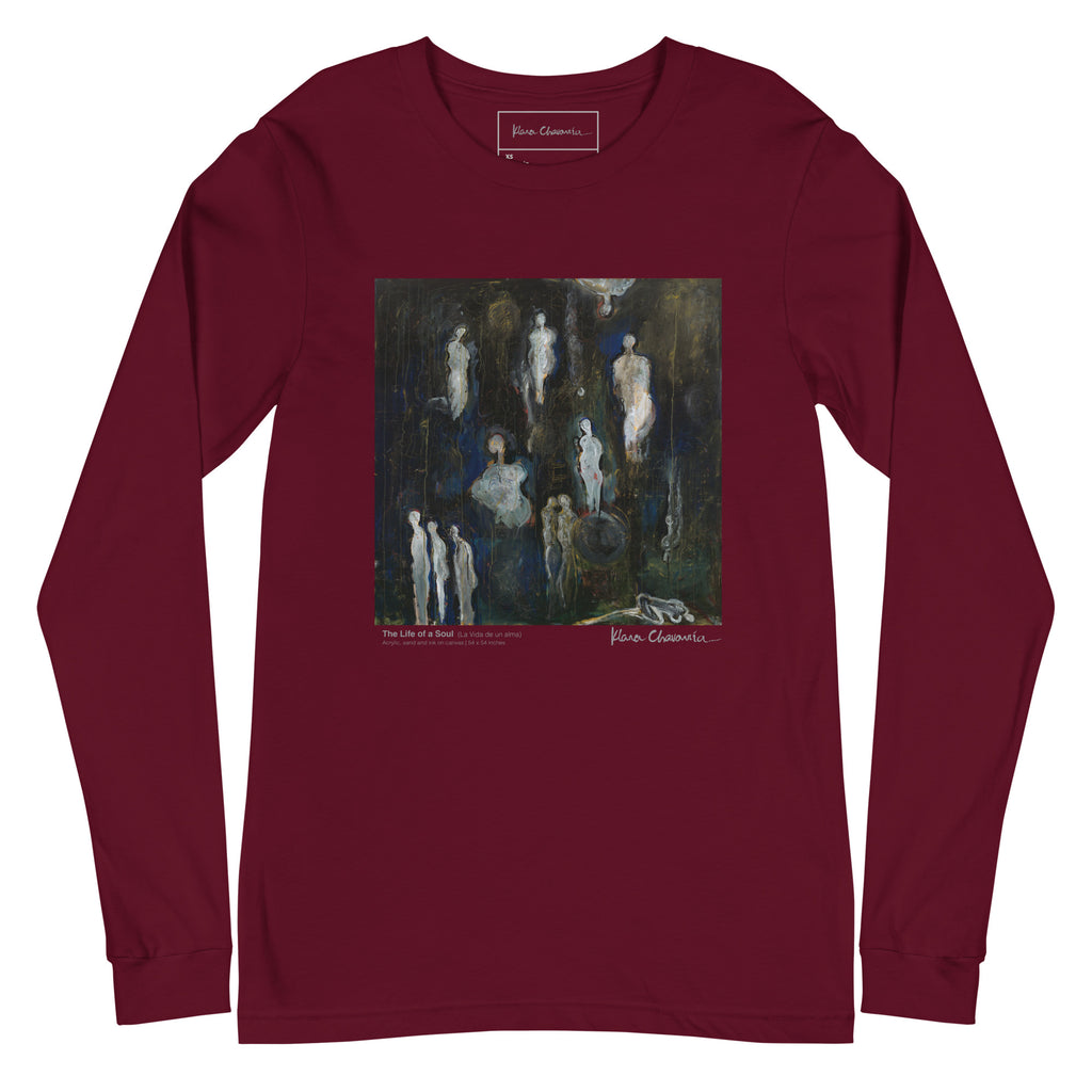 THE LIFE OF A SOUL unisex long sleeve tee in Maroon – flat front