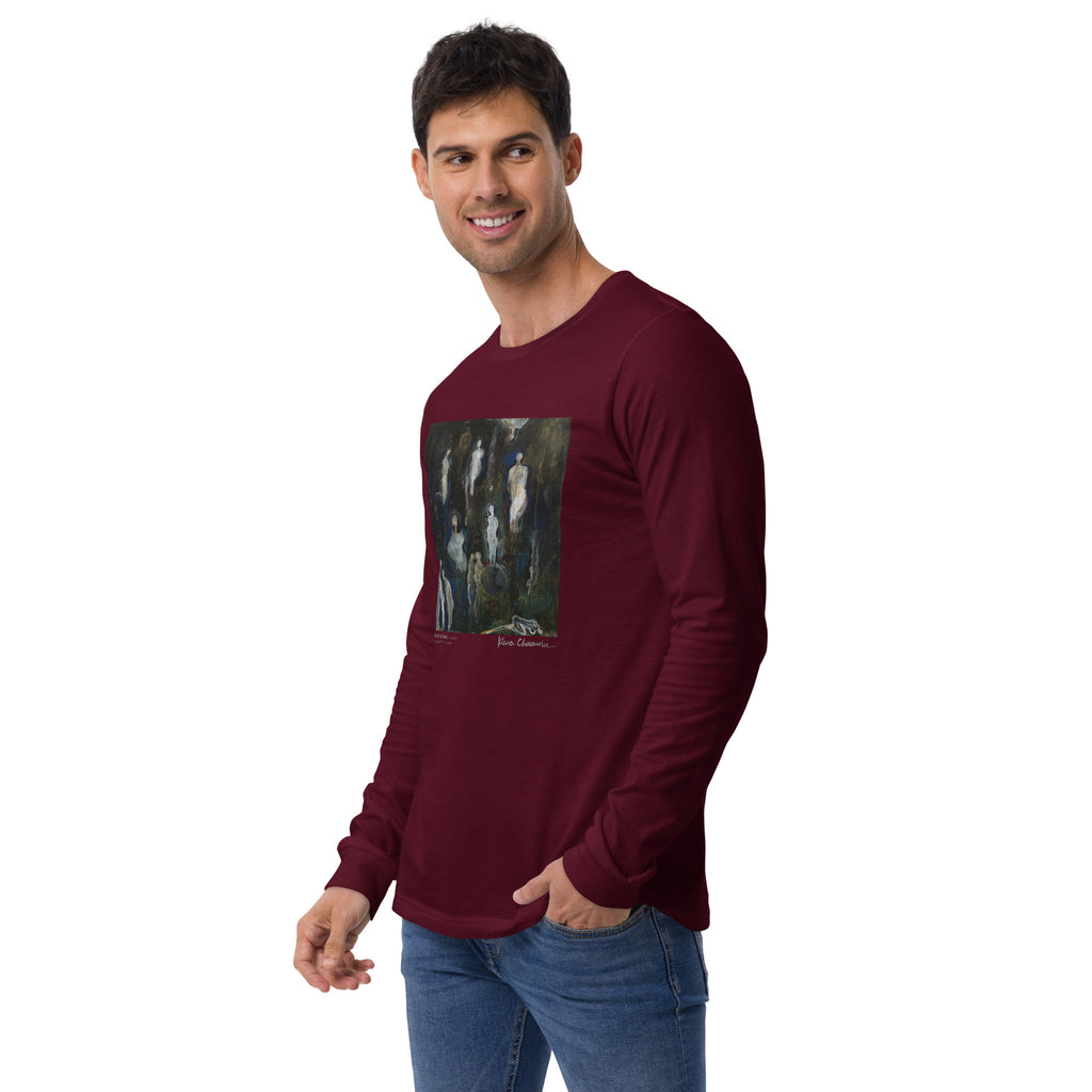 THE LIFE OF A SOUL unisex long sleeve tee in Maroon – three-quarter front on model