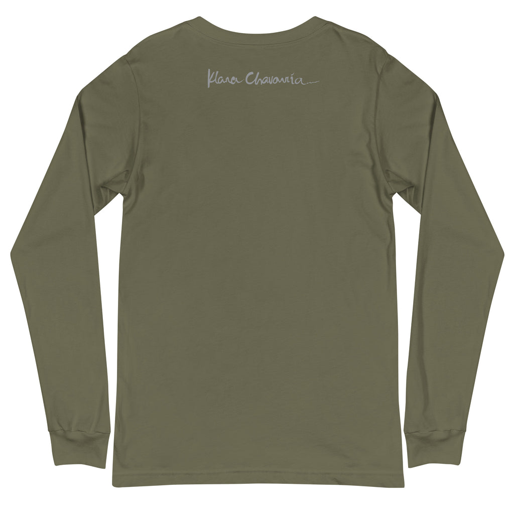 CONTEMPLATION unisex long sleeve tee in Military Green – flat back