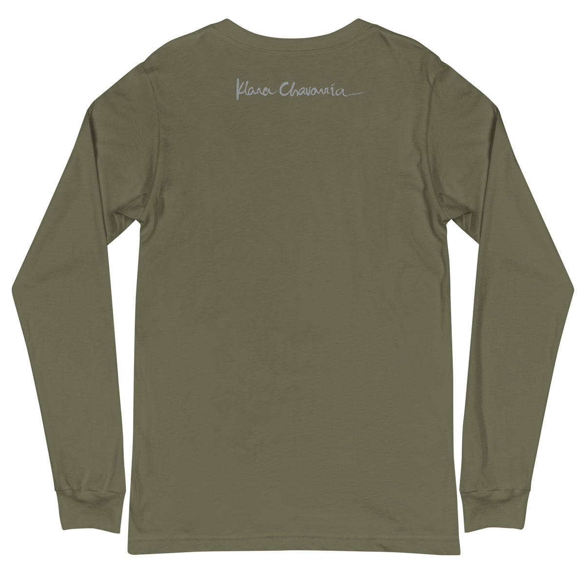 CONTEMPLATION unisex long sleeve tee in Military Green – flat back