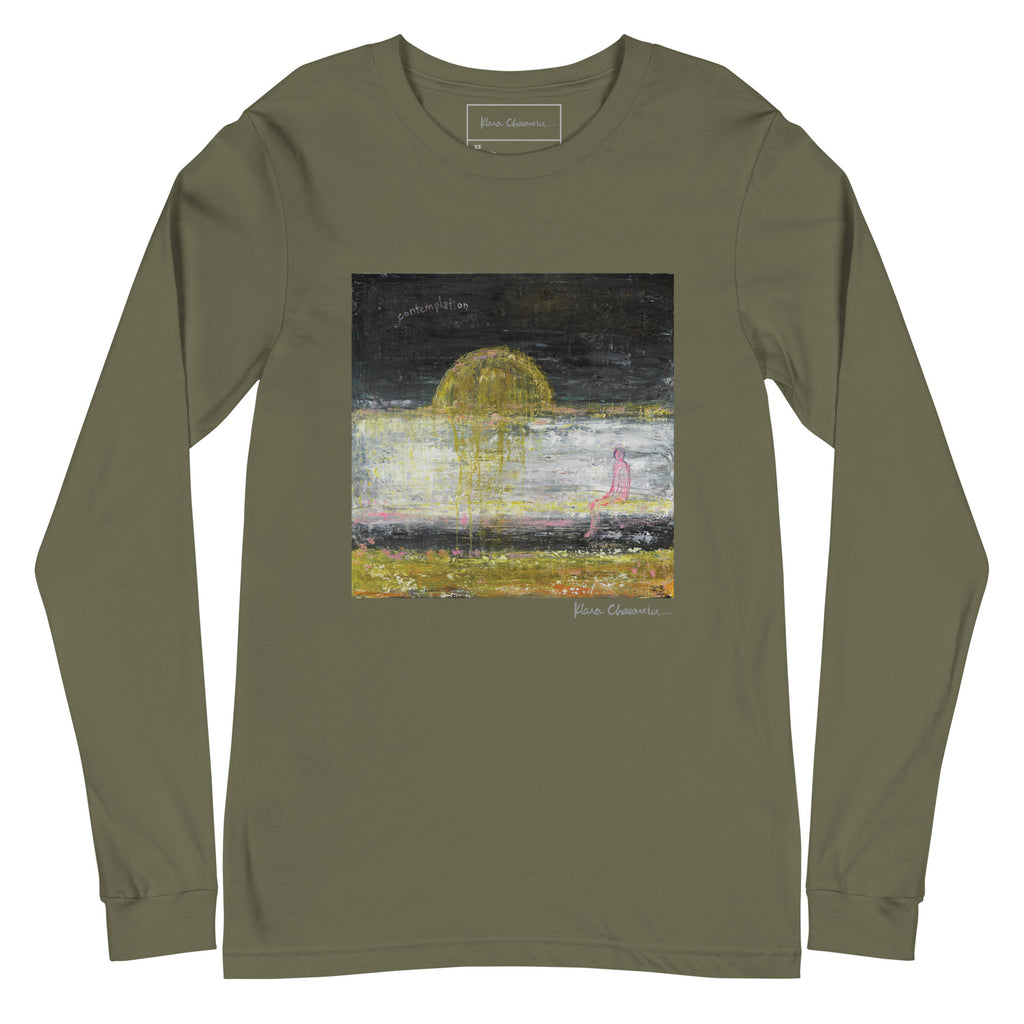 CONTEMPLATION unisex long sleeve tee in Military Green – flat front