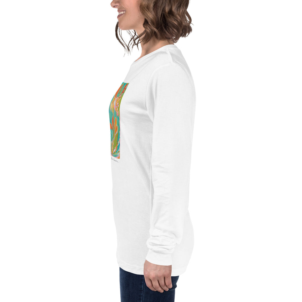 ONCE UPON A TIME... OUR STORY WITH NATURE unisex long sleeve tee in White – side on model