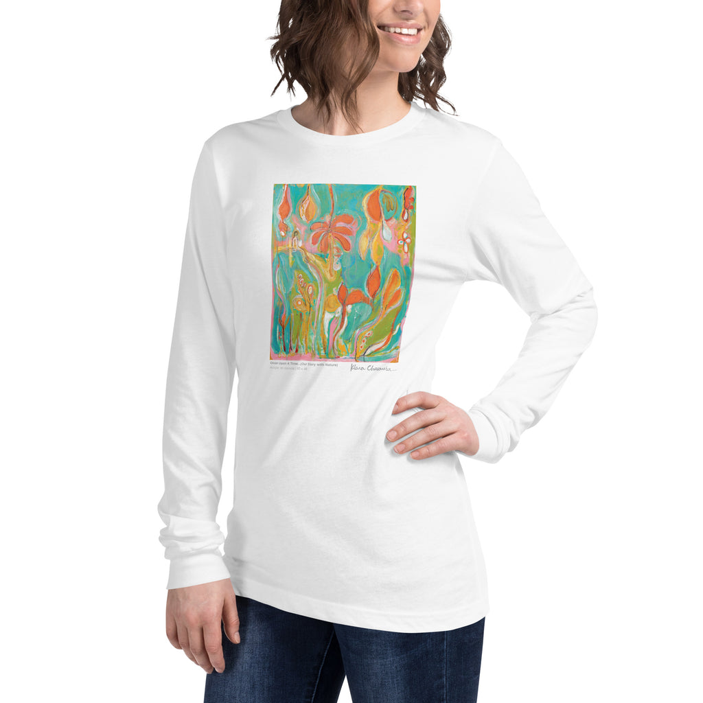 ONCE UPON A TIME... OUR STORY WITH NATURE unisex long sleeve tee in White – front on model