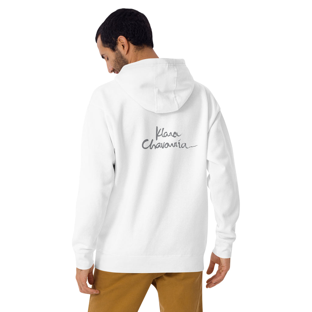 I AM HERE II hoodie – White – back on model with signature