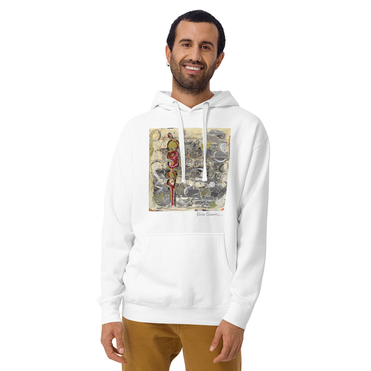 I AM HERE II hoodie – White – front on model