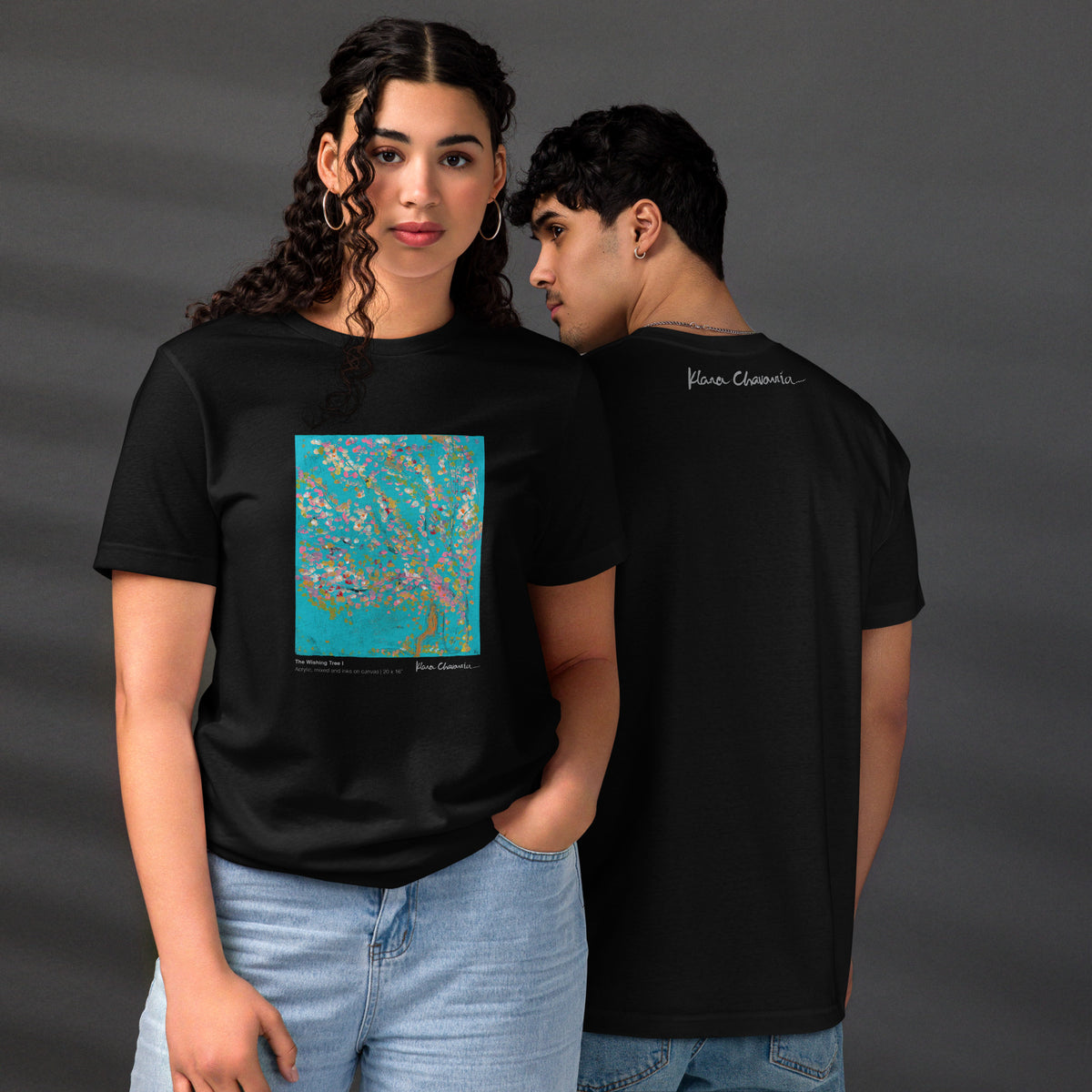 THE WISHING TREE I unisex eco t-shirt in Black – front and back on models