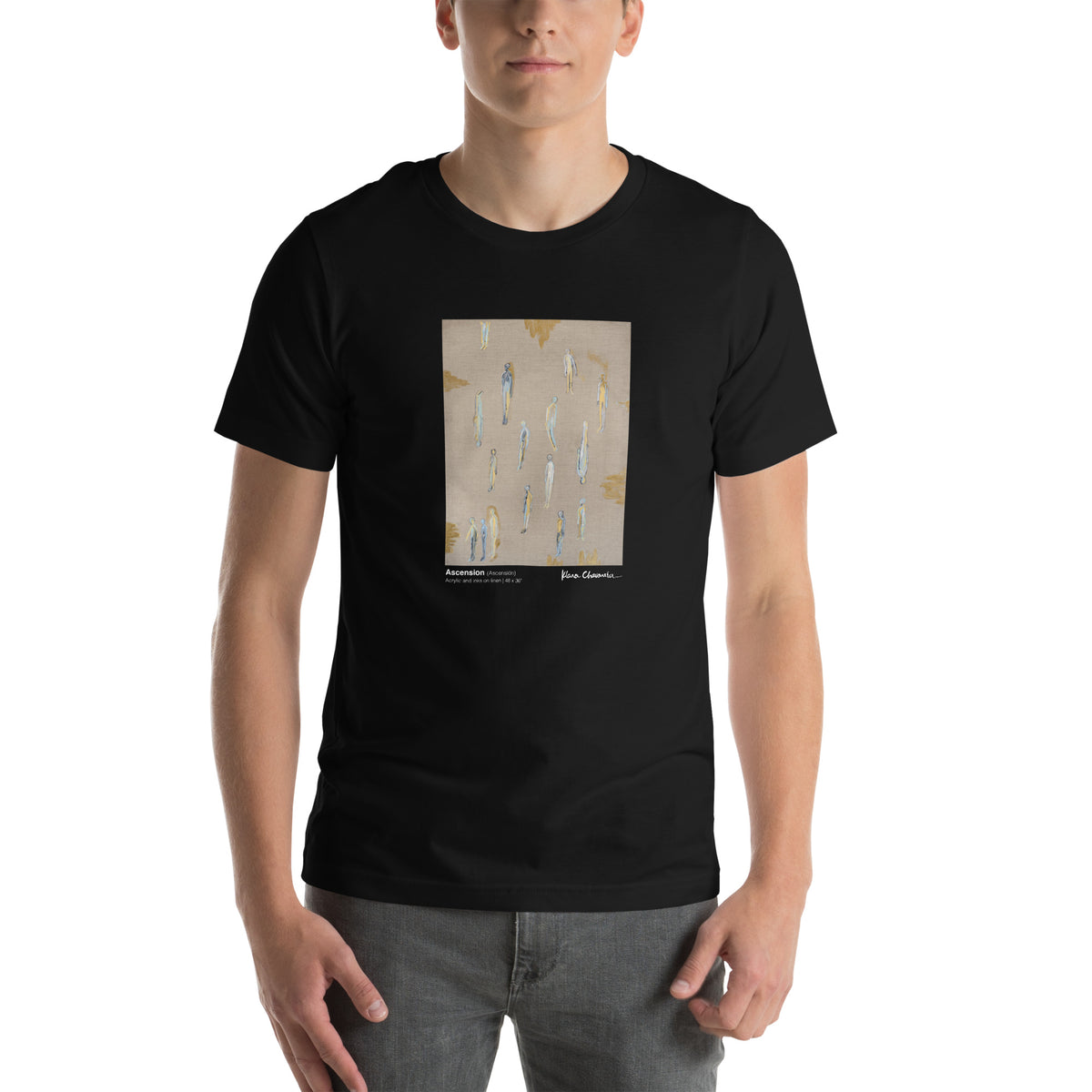 Model in a black tee with a framed beige painting of standing figures, ASCENSION by Klara Chavarría