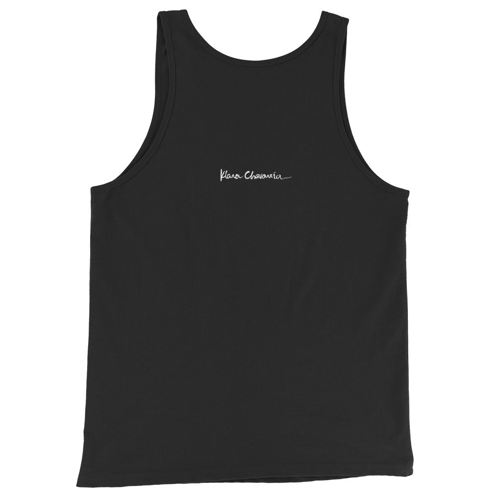 BALANCING LOVE unisex tank top in Black – flat back