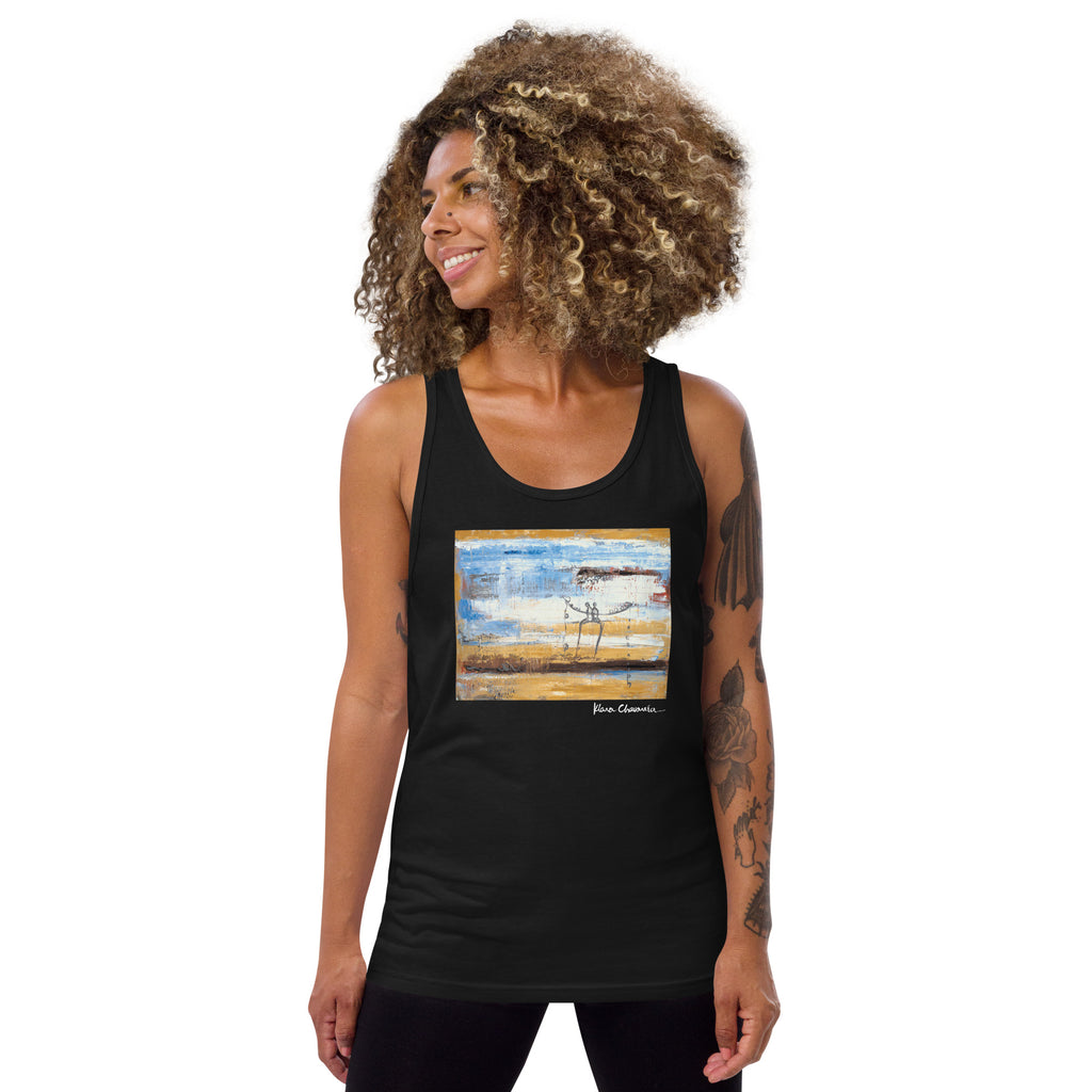 BALANCING LOVE unisex tank top in Black – front on model
