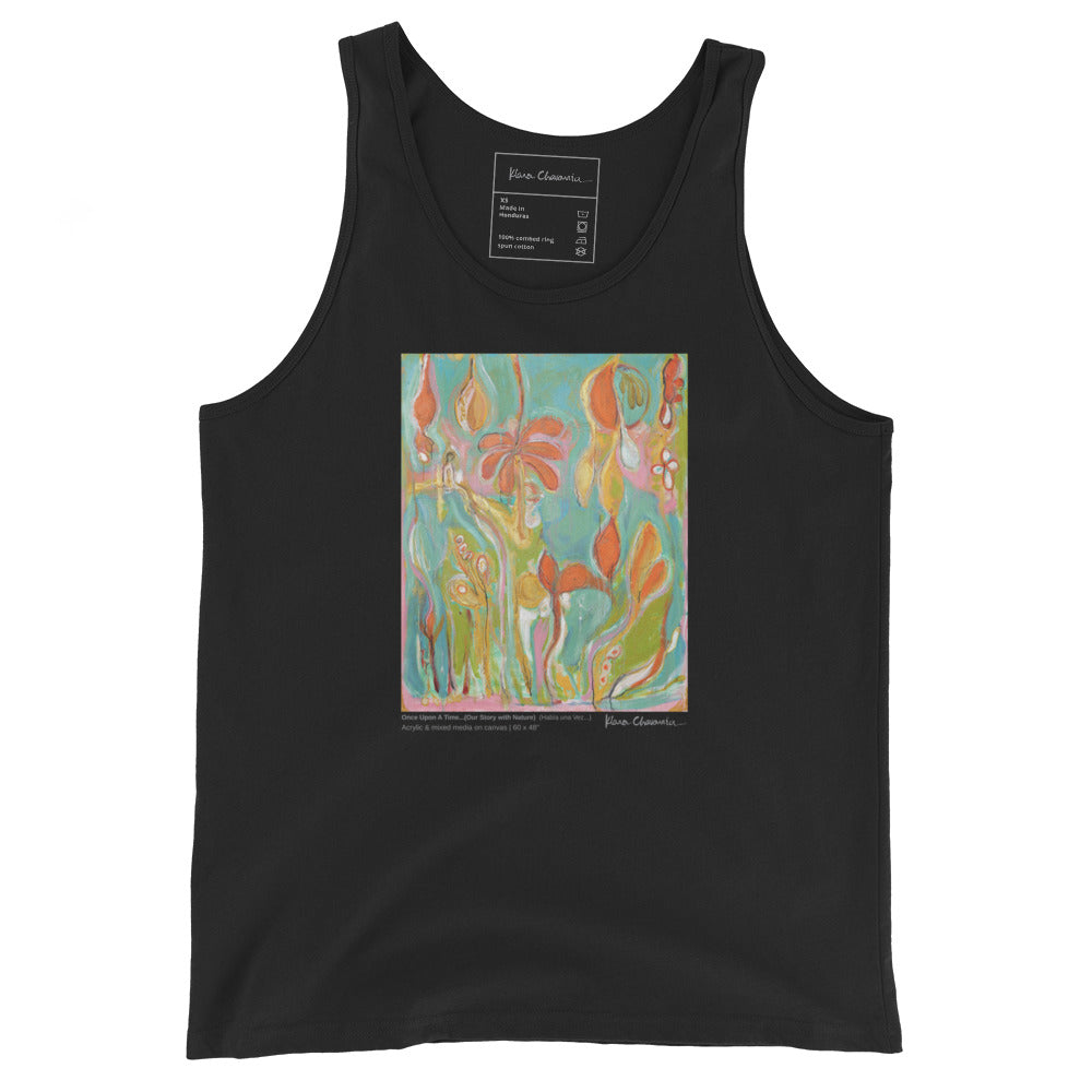 ONCE UPON A TIME... OUR STORY WITH NATURE unisex tank top in Black – flat front