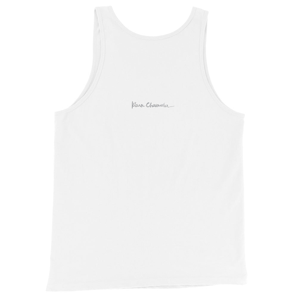ONCE UPON A TIME... OUR STORY WITH NATURE unisex tank top in White – flat back