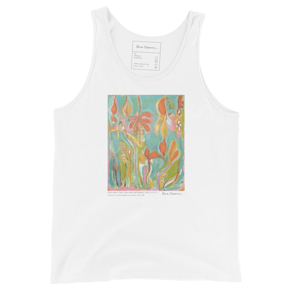 ONCE UPON A TIME... OUR STORY WITH NATURE unisex tank top in White – flat front