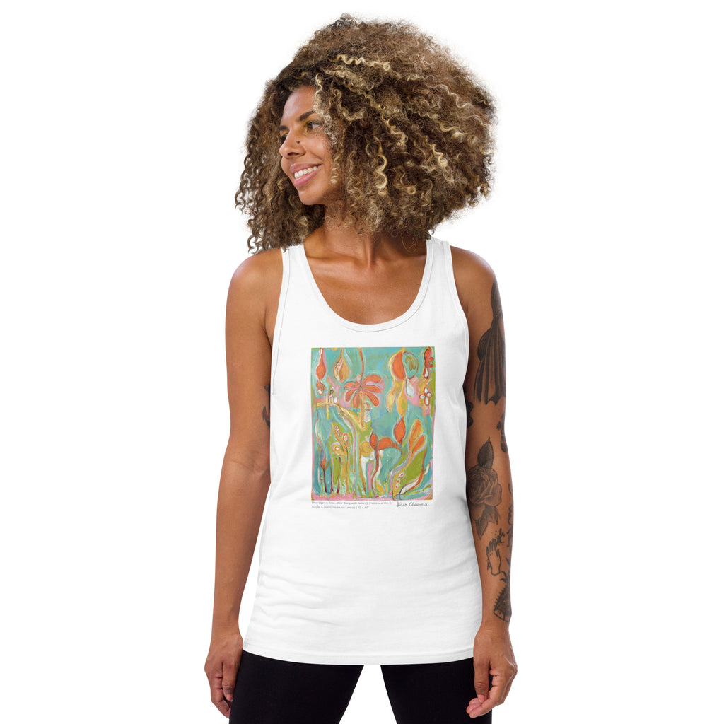 ONCE UPON A TIME... OUR STORY WITH NATURE unisex tank top in White – front on model