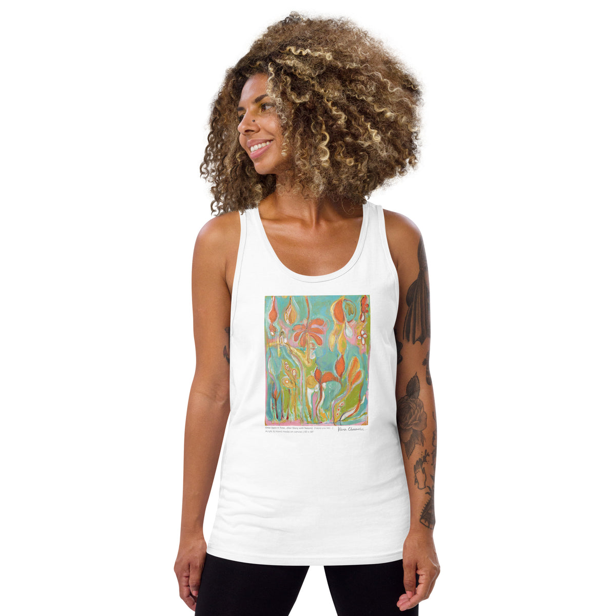 ONCE UPON A TIME... OUR STORY WITH NATURE unisex tank top in White – front on model