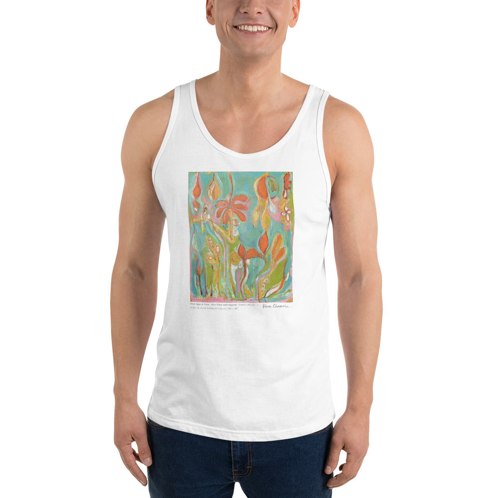 ONCE UPON A TIME... OUR STORY WITH NATURE unisex tank top in White – front on model