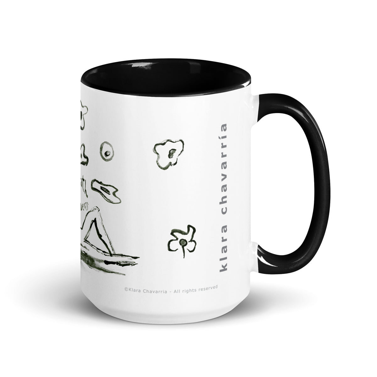 White mug with black inside and handle, black ink flowers and a reclining figure, BENEATH THE FLOWERS by Klara Chavarría
