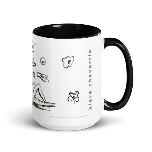 White mug with black inside and handle, black ink flowers and a reclining figure, BENEATH THE FLOWERS by Klara Chavarría