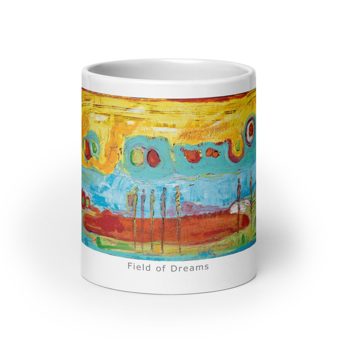 Front of the mug showing a row of slender figures on a red band under yellow and turquoise skies, title below