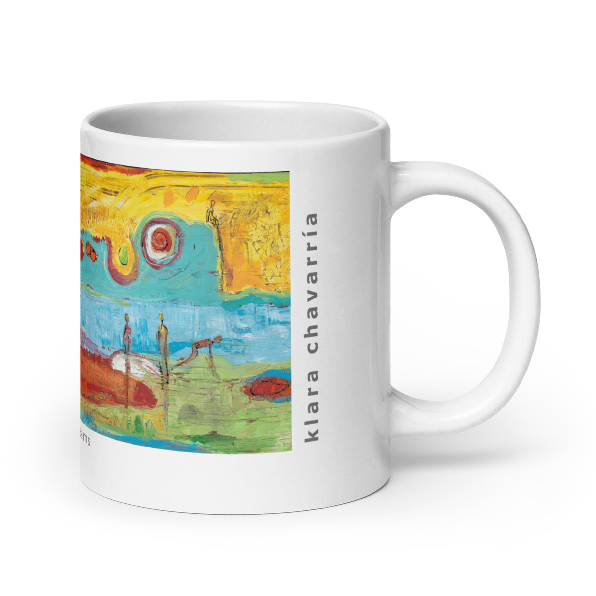 White mug with handle on the right, painting of slender figures by a turquoise river and a red and white spiral