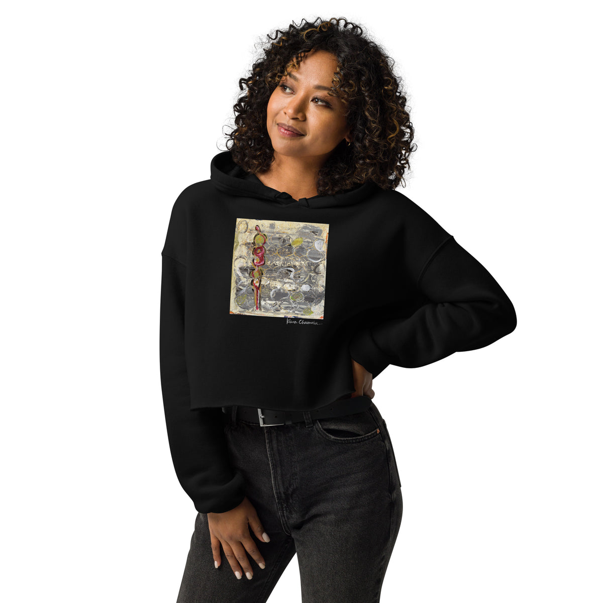 I AM HERE II crop hoodie – Black – front on model