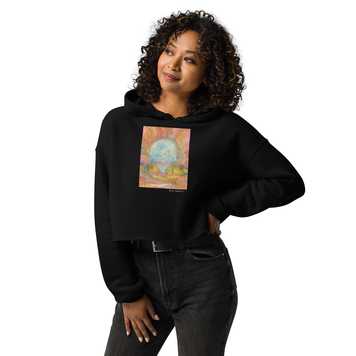 THE COLORS OF LIGHT crop hoodie – Black – front on model