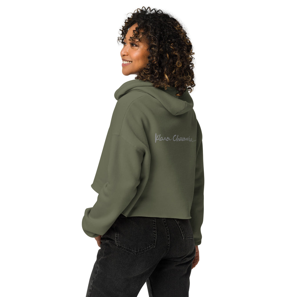 THE COLORS OF LIGHT crop hoodie – Military Green – back on model with signature