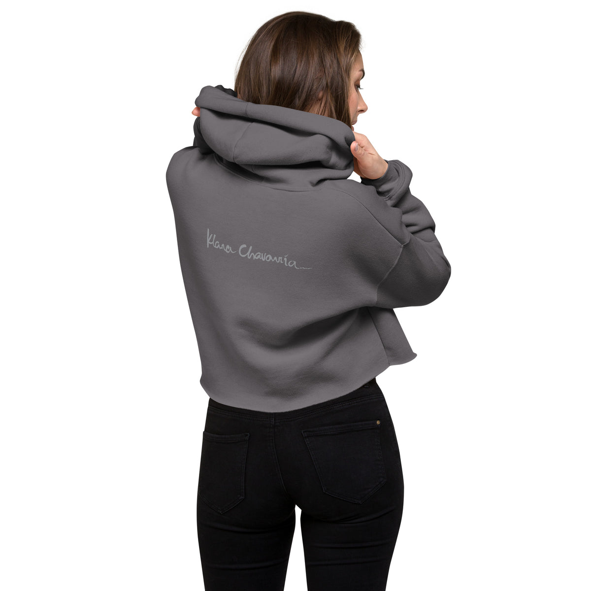 I AM HERE II crop hoodie – Storm – back on model with signature